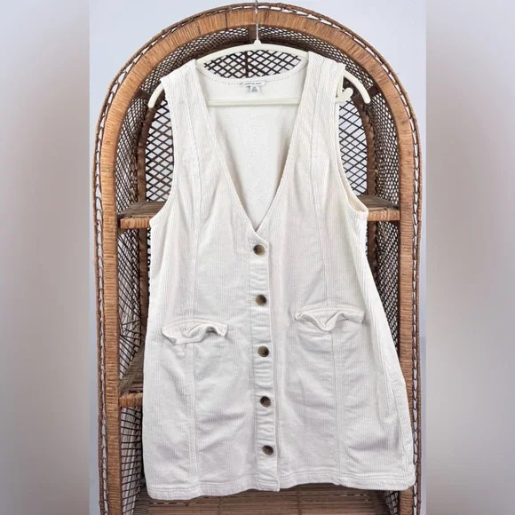 American Eagle Corduroy Mini Dress White Cream Button Front Sleeveless Size L - Picture 2 of 4